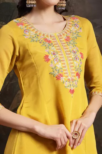 yellow mul chanderi a-line kurta trouser set