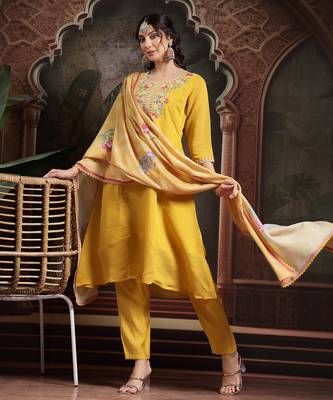 yellow mul chanderi a-line kurta trouser set 5