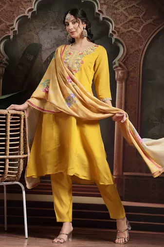 yellow mul chanderi a-line kurta trouser set