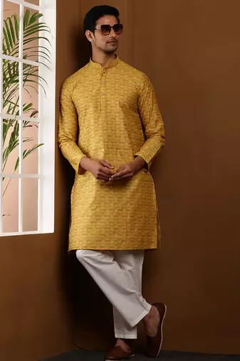 Men's mustard yellow viscose blend kurta with elegant finish