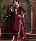 burgundy embroidered a-line kurta trouser dupatta set