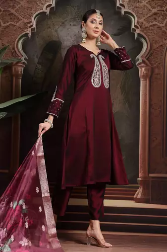 burgundy embroidered a-line kurta trouser dupatta set