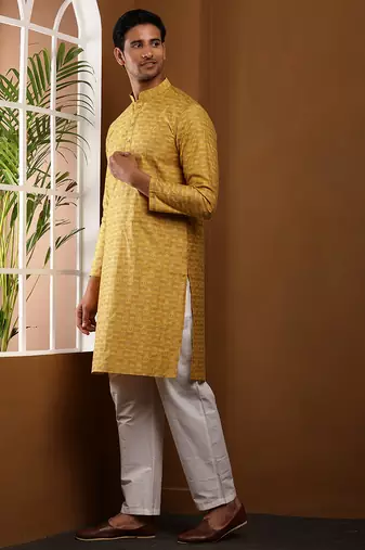 Men's mustard yellow viscose blend kurta with elegant finish