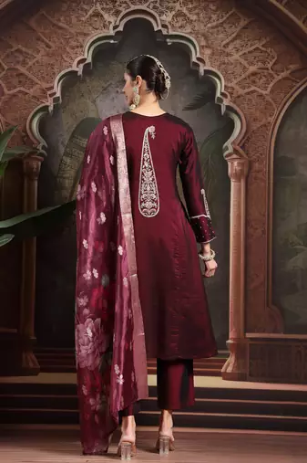 burgundy embroidered a-line kurta trouser dupatta set