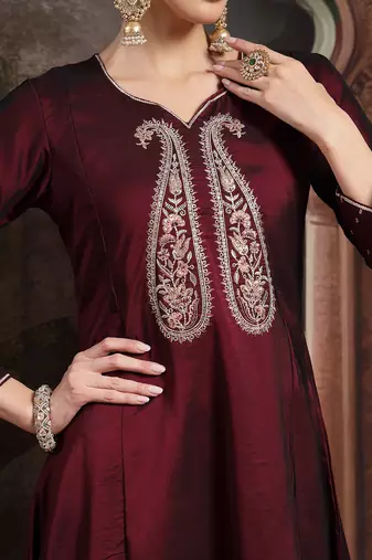 burgundy embroidered a-line kurta trouser dupatta set