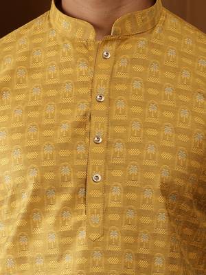 Men's mustard yellow viscose blend kurta with elegant finish 4