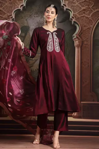 burgundy embroidered a-line kurta trouser dupatta set