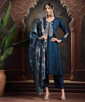teal blue embroidered a-line kurta trouser dupatta set 1