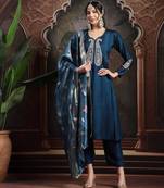 teal blue embroidered a-line kurta trouser dupatta set