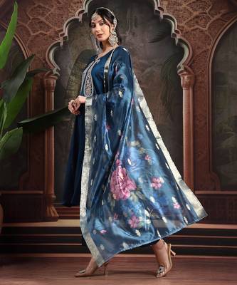 teal blue embroidered a-line kurta trouser dupatta set 2