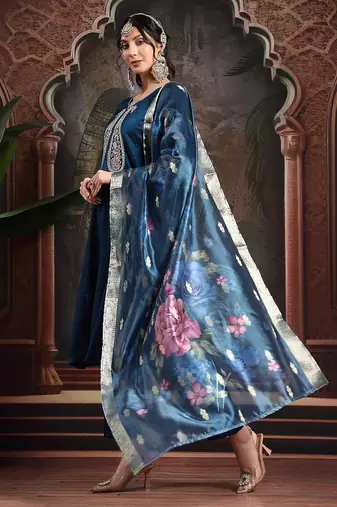 teal blue embroidered a-line kurta trouser dupatta set