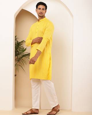 Men's bright yellow viscose blend kurta with traditional look 2