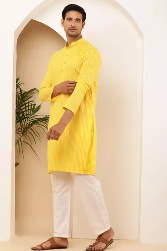 Men's bright yellow viscose blend kurta with traditional look