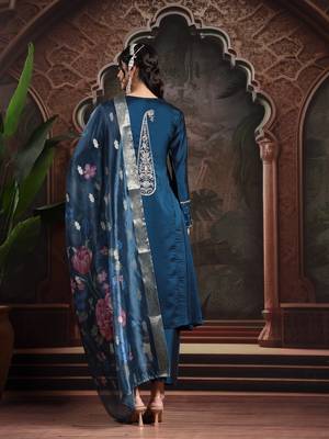 teal blue embroidered a-line kurta trouser dupatta set 3