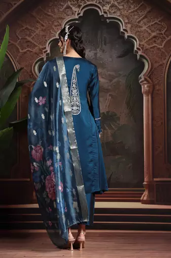 teal blue embroidered a-line kurta trouser dupatta set