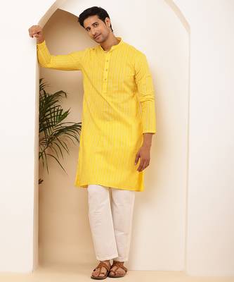 Men's bright yellow viscose blend kurta with traditional look 3
