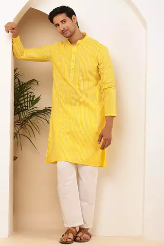 Men's bright yellow viscose blend kurta with traditional look