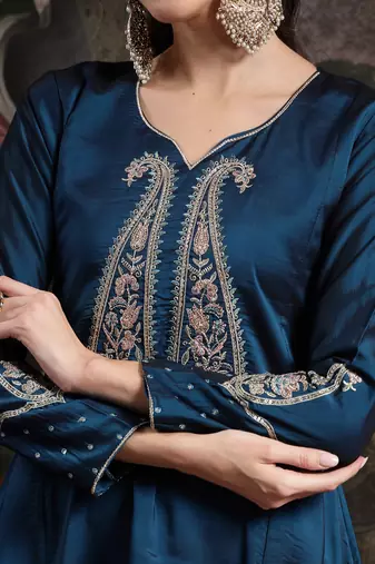 teal blue embroidered a-line kurta trouser dupatta set