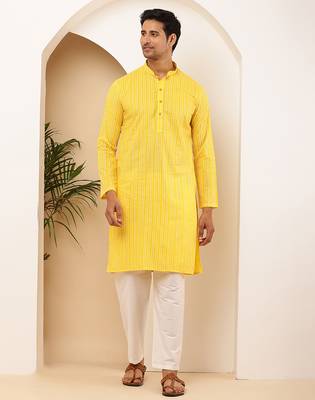 Men's bright yellow viscose blend kurta with traditional look 4