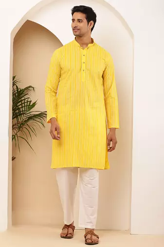 Men's bright yellow viscose blend kurta with traditional look