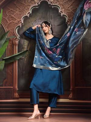 teal blue embroidered a-line kurta trouser dupatta set 5