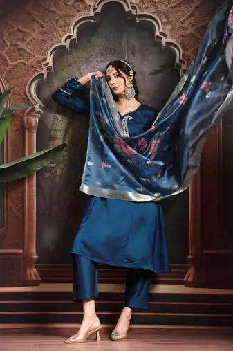 teal blue embroidered a-line kurta trouser dupatta set