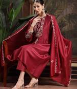 maroon embroidered a-line kurta trouser dupatta set