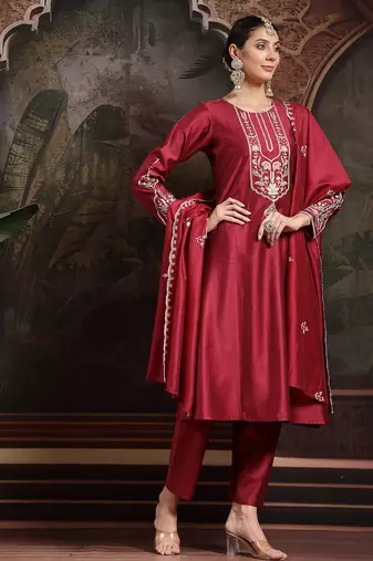 maroon embroidered a-line kurta trouser dupatta set