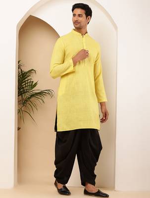 Men's bright yellow viscose blend kurta with solid finish and mandarin collar 1