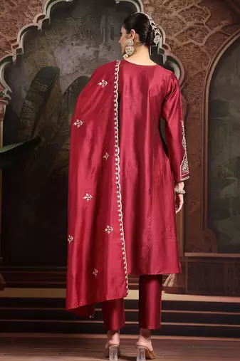 maroon embroidered a-line kurta trouser dupatta set