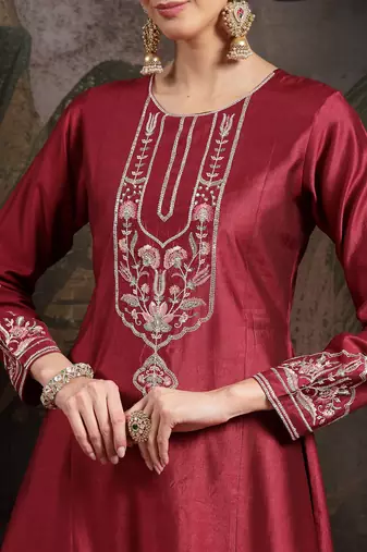 maroon embroidered a-line kurta trouser dupatta set