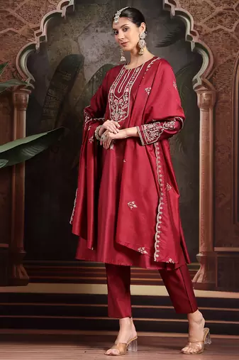 maroon embroidered a-line kurta trouser dupatta set