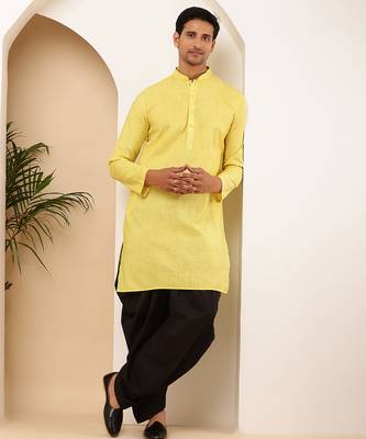 Men's bright yellow viscose blend kurta with solid finish and mandarin collar 3