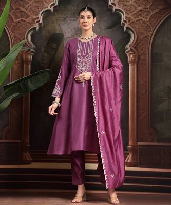 purple thread work a-line kurta trouser dupatta set 1