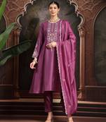 purple thread work a-line kurta trouser dupatta set