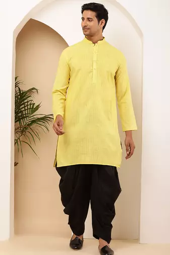 Men's bright yellow viscose blend kurta with solid finish and mandarin collar