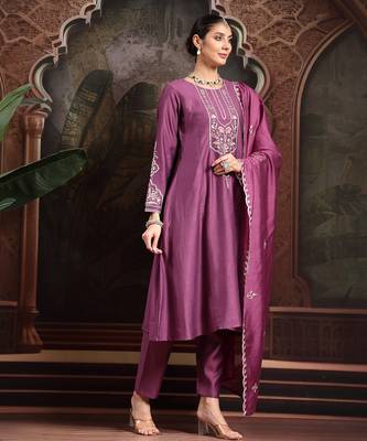 purple thread work a-line kurta trouser dupatta set 2
