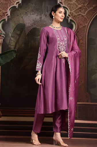 purple thread work a-line kurta trouser dupatta set
