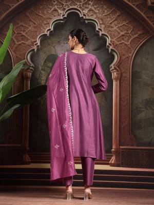 purple thread work a-line kurta trouser dupatta set 3