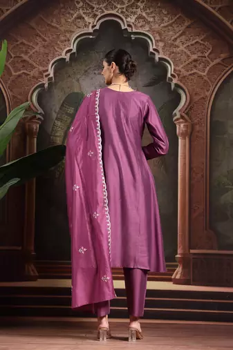 purple thread work a-line kurta trouser dupatta set