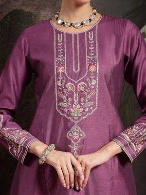 purple thread work a-line kurta trouser dupatta set 4