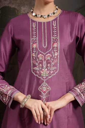 purple thread work a-line kurta trouser dupatta set