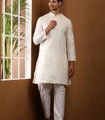 Men's beige viscose blend kurta with self-texture and mandarin collar