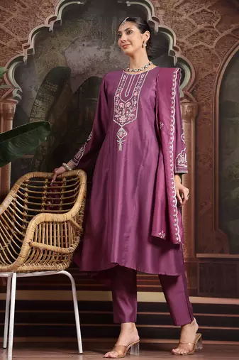 purple thread work a-line kurta trouser dupatta set