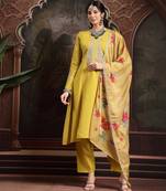 lime green thread-work a-line kurta trouser dupatta set