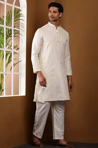 Men's beige viscose blend kurta with self-texture and mandarin collar