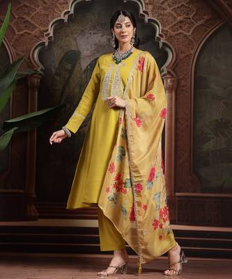 lime green thread-work a-line kurta trouser dupatta set 2