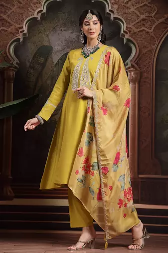 lime green thread-work a-line kurta trouser dupatta set