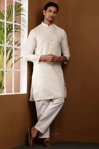 Men's beige viscose blend kurta with self-texture and mandarin collar