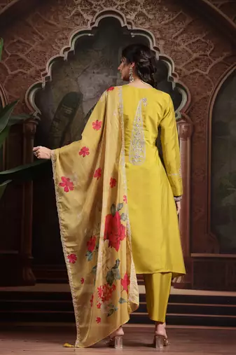 lime green thread-work a-line kurta trouser dupatta set